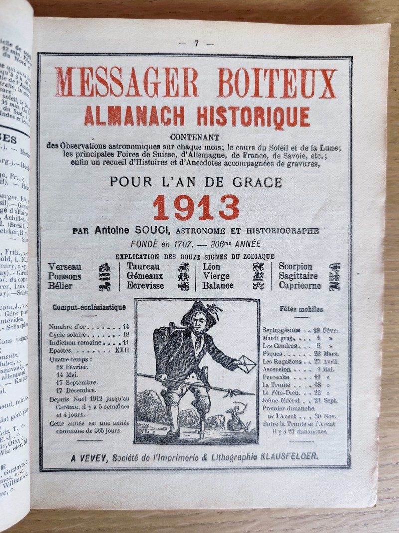 Le Véritable Messager Boiteux de Berne et Vevey, pour l'An de grâce 1913. Almanach historique. 206e année