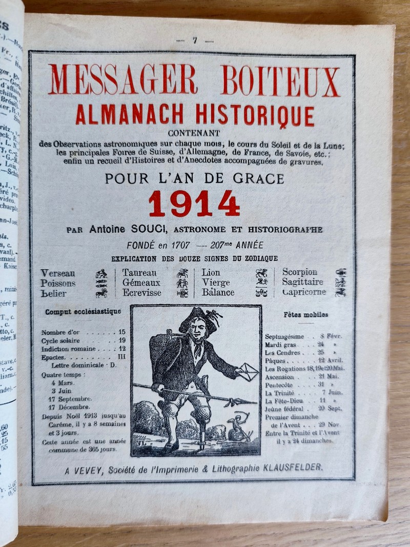 Le Véritable Messager Boiteux de Berne et Vevey, pour l'An de grâce 1914. Almanach historique. 207e année
