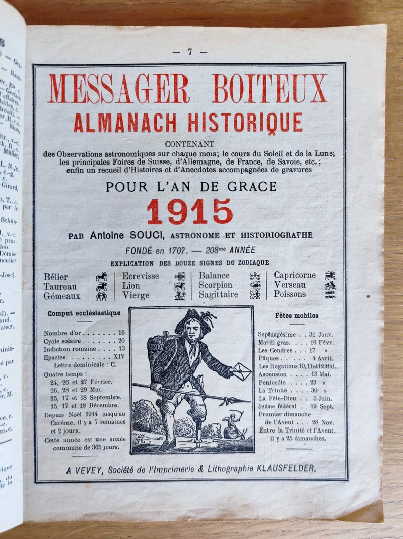 Le Véritable Messager Boiteux de Berne et Vevey, pour l'An de grâce 1915. Almanach historique. 208e année