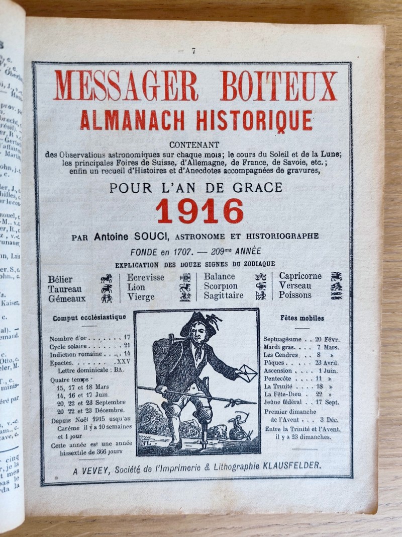Le Véritable Messager Boiteux de Berne et Vevey, pour l'An de grâce 1916. Almanach historique. 209e année