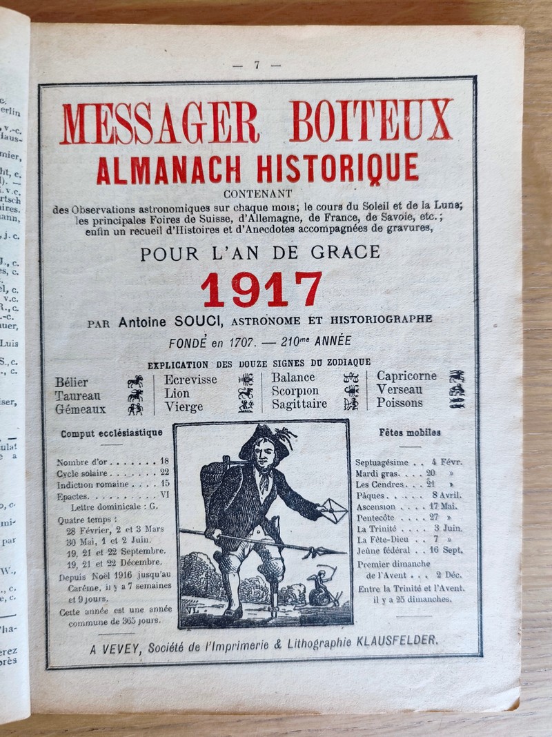 Le Véritable Messager Boiteux de Berne et Vevey, pour l'An de grâce 1917. Almanach historique. 210e année