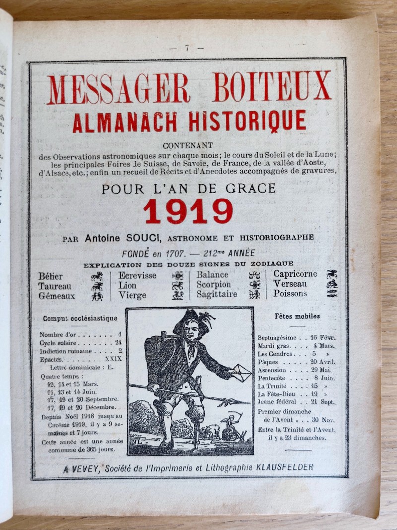 Le Véritable Messager Boiteux de Berne et Vevey, pour l'An de grâce 1919. Almanach historique. 212e année