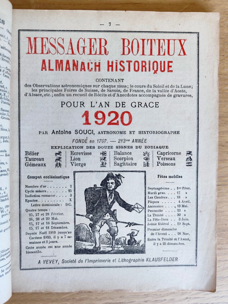 Le Véritable Messager Boiteux de Berne et Vevey, pour l'An de grâce 1920. Almanach historique. 213e année
