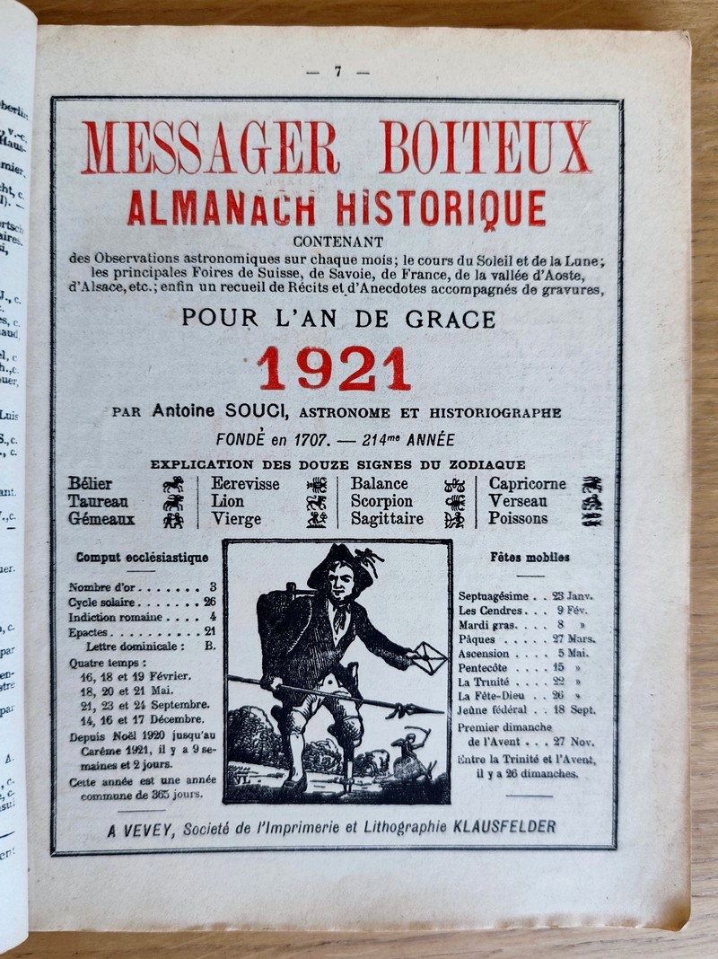 Le Véritable Messager Boiteux de Berne et Vevey, pour l'An de grâce 1921. Almanach historique. 214e année