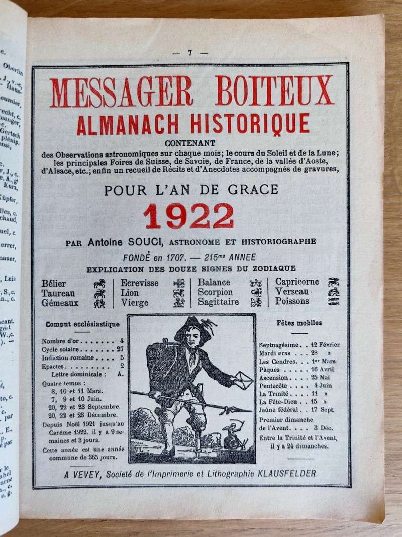 Le Véritable Messager Boiteux de Berne et Vevey, pour l'An de grâce 1922. Almanach historique. 215e année