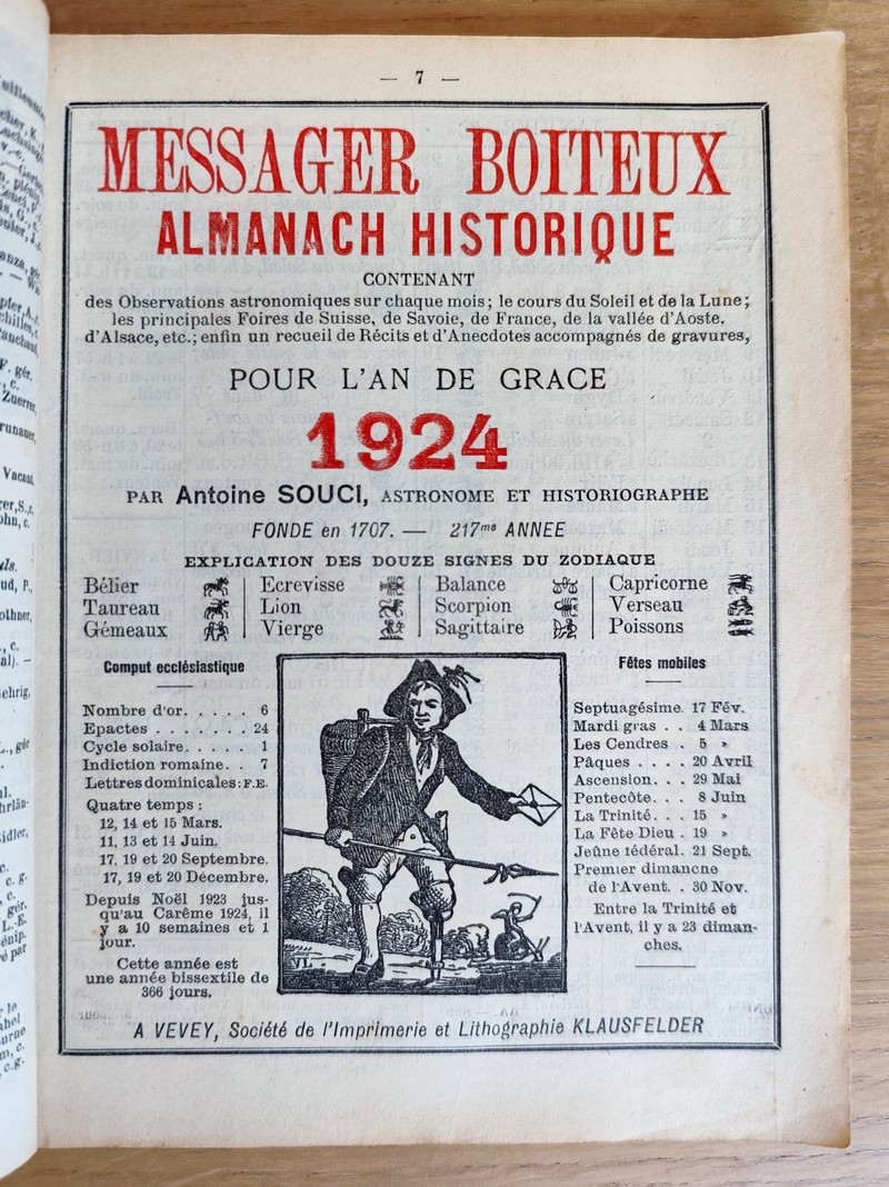 Le Véritable Messager Boiteux de Berne et Vevey, pour l'An de grâce 1924. Almanach historique. 217e année