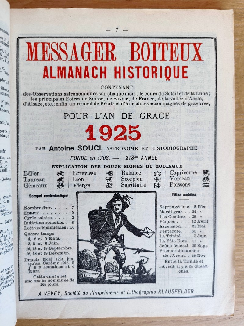 Le Véritable Messager Boiteux de Berne et Vevey, pour l'An de grâce 1925. Almanach historique. 218e année