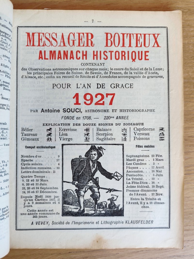 Le Véritable Messager Boiteux de Berne et Vevey, pour l'An de grâce 1927. Almanach historique. 220e année