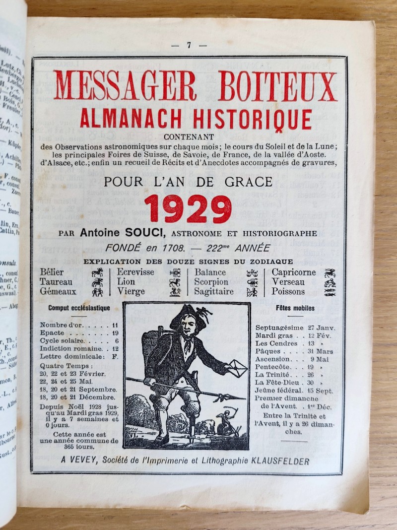 Le Véritable Messager Boiteux de Berne et Vevey, pour l'An de grâce 1929. Almanach historique. 222e année