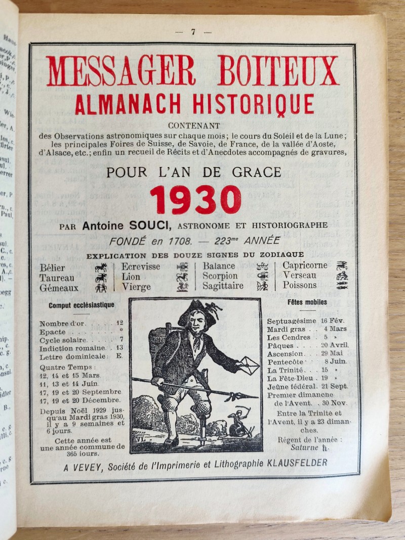 Le Véritable Messager Boiteux de Berne et Vevey, pour l'An de grâce 1930. Almanach historique. 223e année