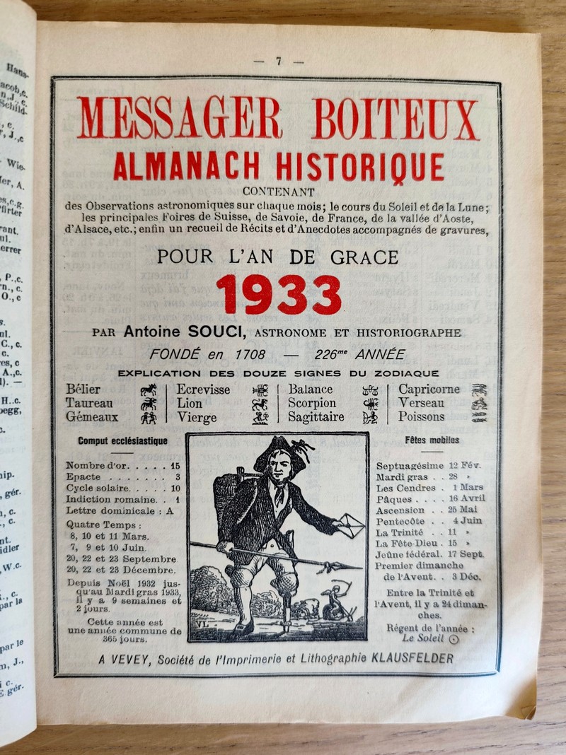 Le Véritable Messager Boiteux de Berne et Vevey, pour l'An de grâce 1933. Almanach historique. 226e année