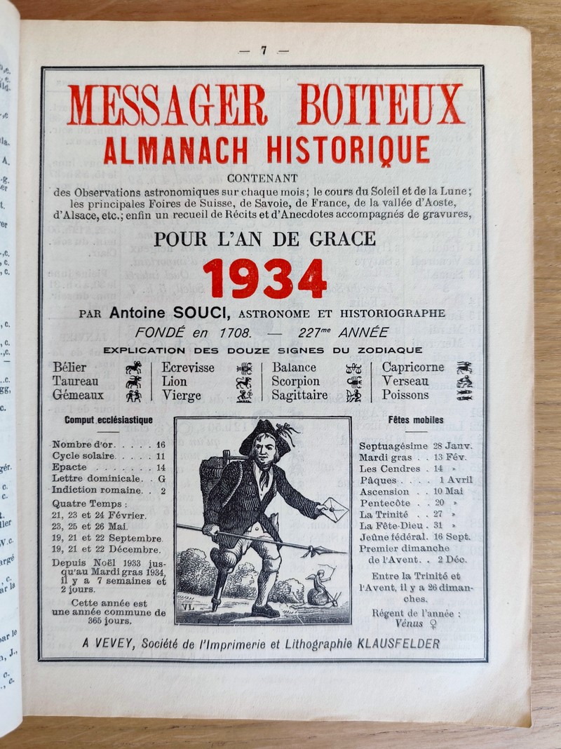 Le Véritable Messager Boiteux de Berne et Vevey, pour l'An de grâce 1934. Almanach historique. 227e année