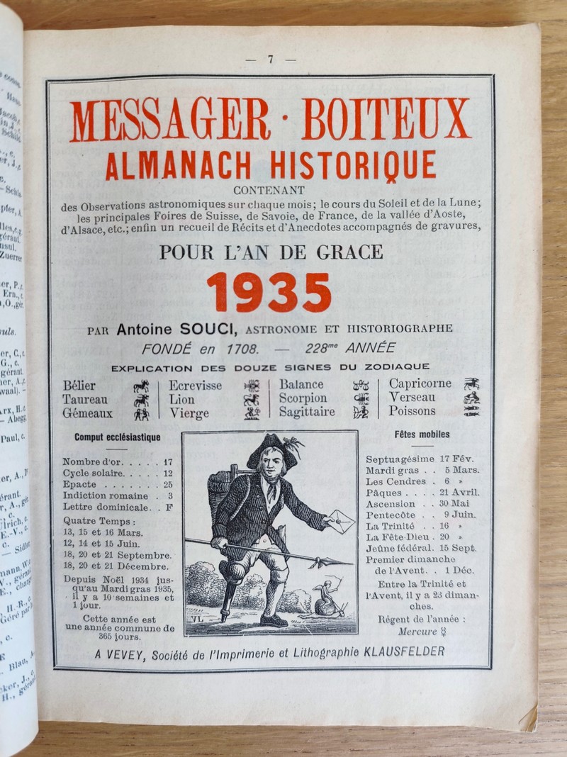 Le Véritable Messager Boiteux de Berne et Vevey, pour l'An de grâce 1935. Almanach historique. 228e année