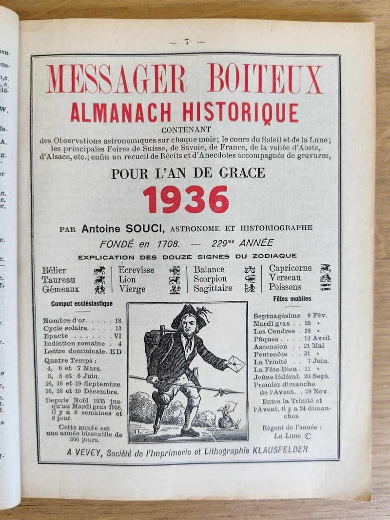 Le Véritable Messager Boiteux de Berne et Vevey, pour l'An de grâce 1936. Almanach historique. 229e année