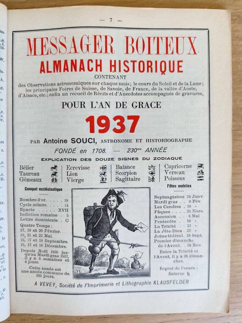Le Véritable Messager Boiteux de Berne et Vevey, pour l'An de grâce 1937. Almanach historique. 230e année