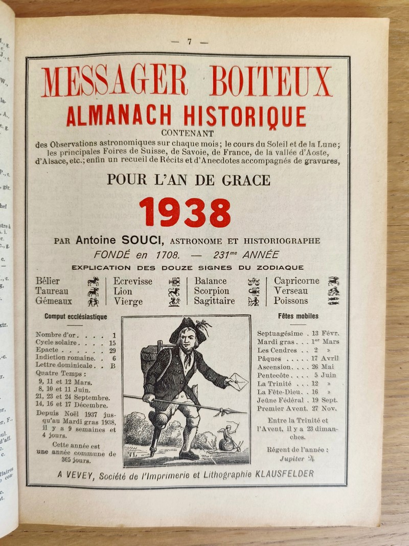 Le Véritable Messager Boiteux de Berne et Vevey, pour l'An de grâce 1938. Almanach historique. 231e année