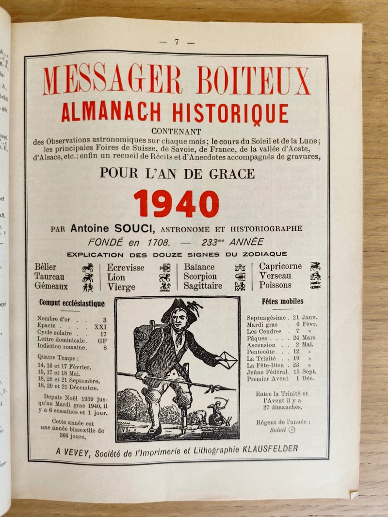 Le Véritable Messager Boiteux de Berne et Vevey, pour l'An de grâce 1940. Almanach historique....