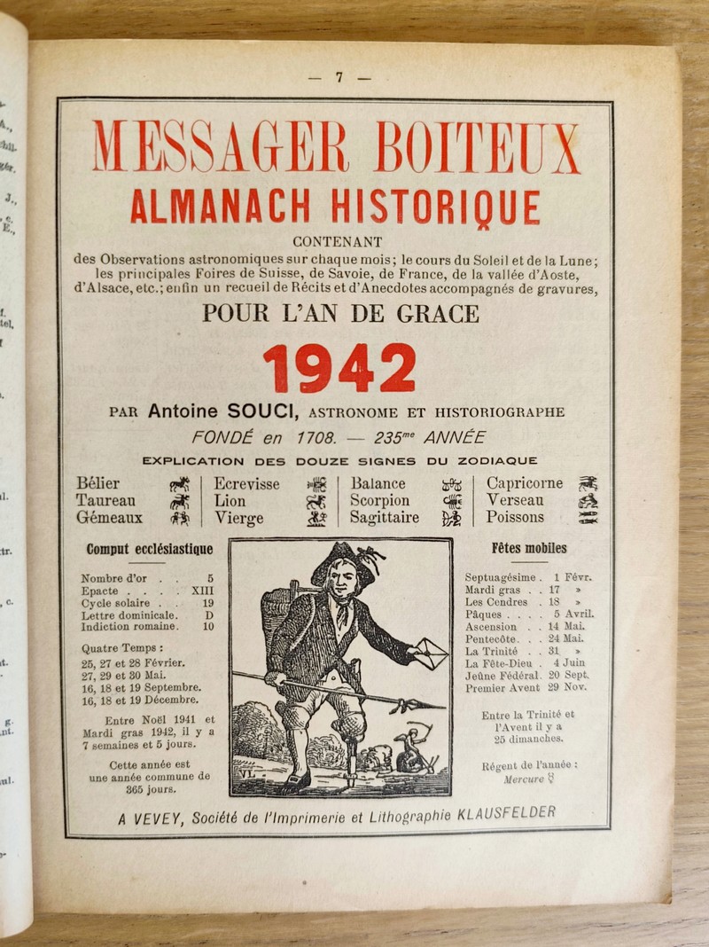 Le Véritable Messager Boiteux de Berne et Vevey, pour l'An de grâce 1942. Almanach historique. 235e année