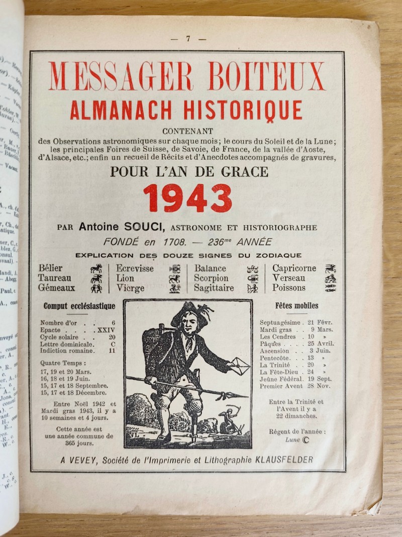 Le Véritable Messager Boiteux de Berne et Vevey, pour l'An de grâce 1943. Almanach historique. 236e année
