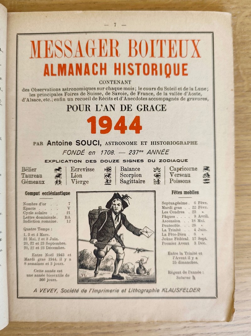 Le Véritable Messager Boiteux de Berne et Vevey, pour l'An de grâce 1944. Almanach historique....