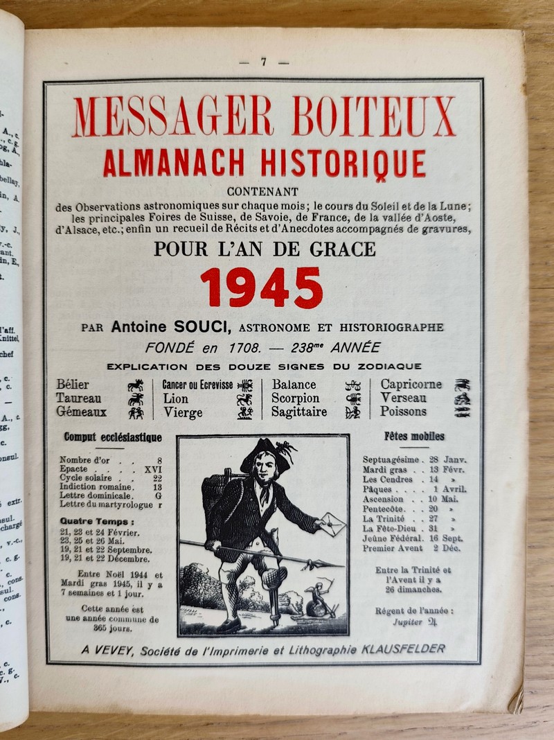 Le Véritable Messager Boiteux de Berne et Vevey, pour l'An de grâce 1945. Almanach historique. 238e année