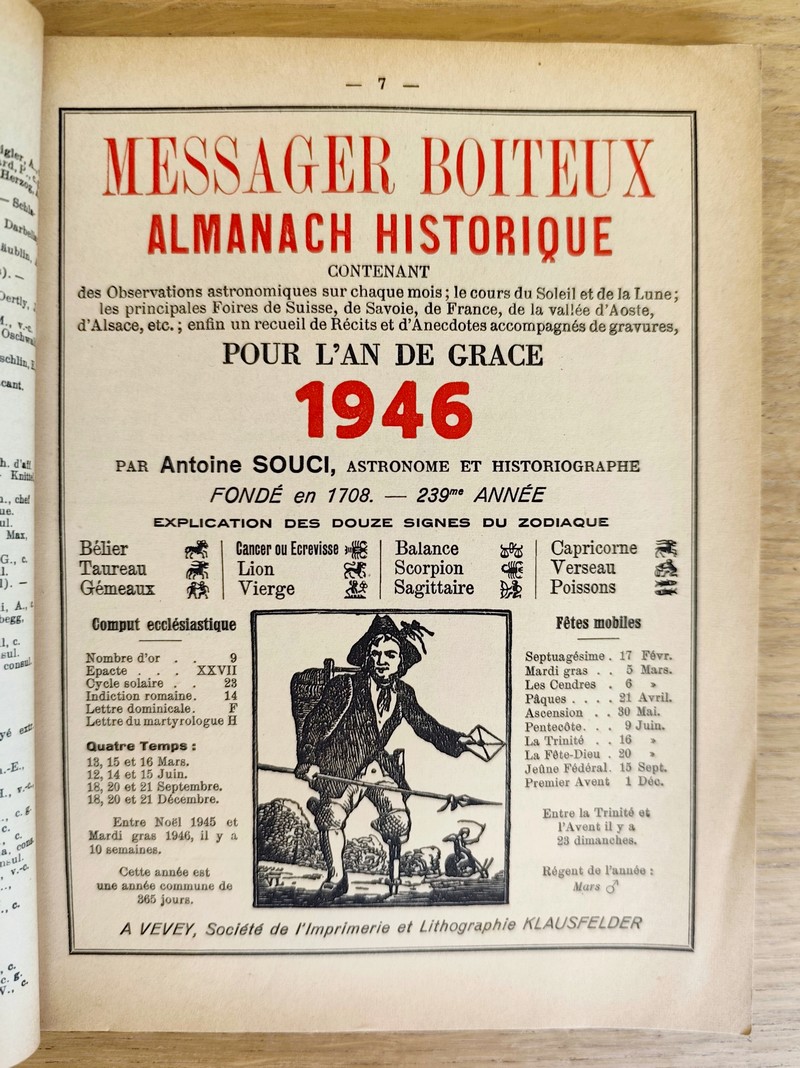 Le Véritable Messager Boiteux de Berne et Vevey, pour l'An de grâce 1946. Almanach historique. 239e année