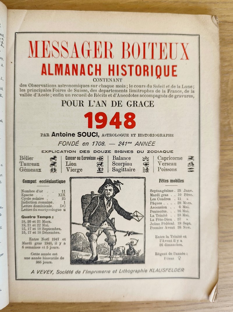 Le Véritable Messager Boiteux de Berne et Vevey, pour l'An de grâce 1948. Almanach historique. 241e année