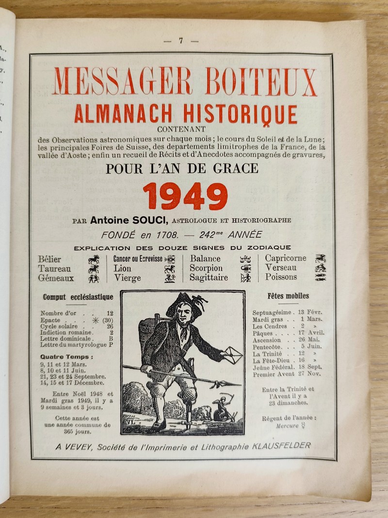 Le Véritable Messager Boiteux de Berne et Vevey, pour l'An de grâce 1949. Almanach historique. 242e année