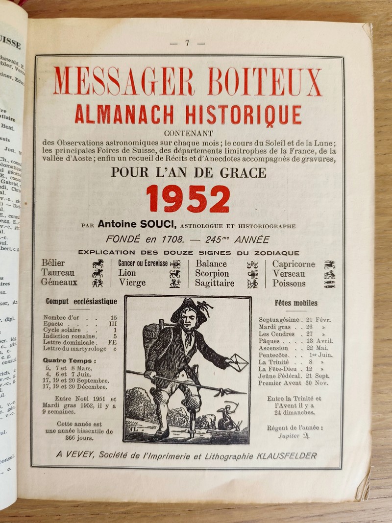 Le Véritable Messager Boiteux de Berne et Vevey, pour l'An de grâce 1952. Almanach historique. 245e année