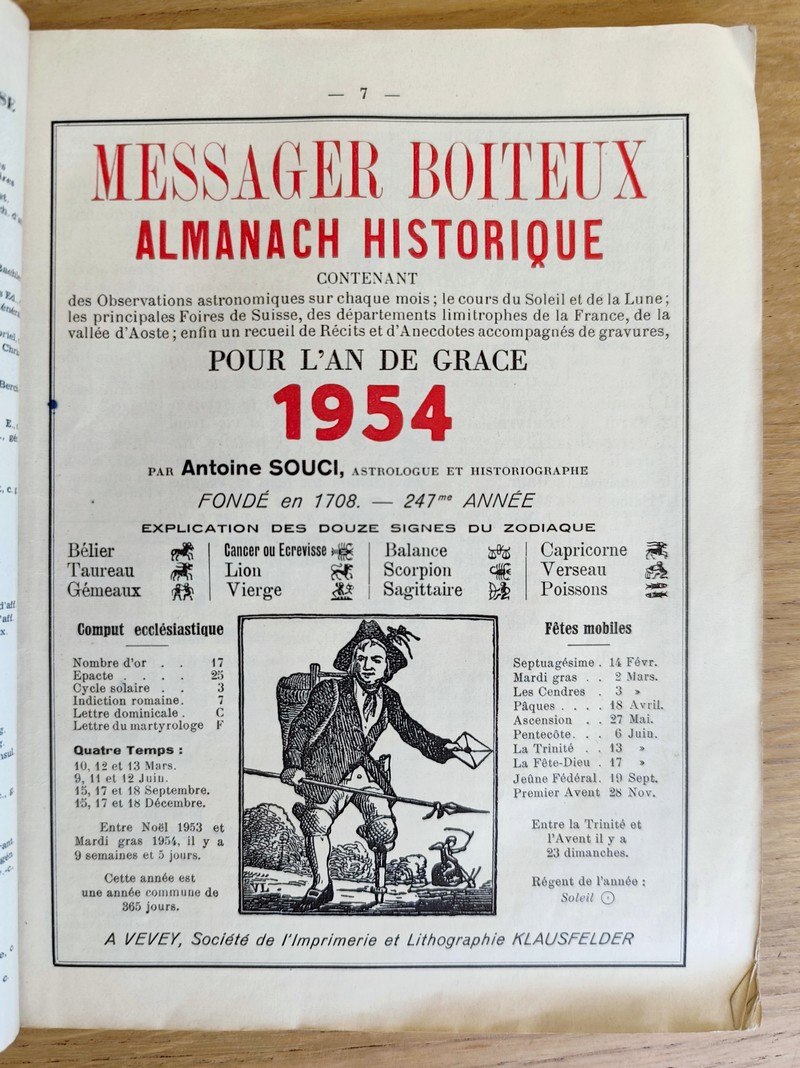 Le Véritable Messager Boiteux de Berne et Vevey, pour l'An de grâce 1954. Almanach historique. 247e année