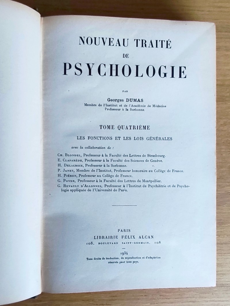 Nouveau traité de Psychologie. Tome quatrième : Les fonctions et les lois générales