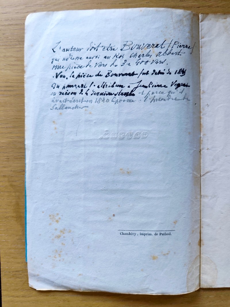 Souvenirs historiques de la ville de Cluses au profit des enfants des ouvriers horlogers incendiés. Auquel sont jointes deux pièces manuscrites dont « Les clusiens incendiés » adressé à S. M. Le Roi de Sardaigne