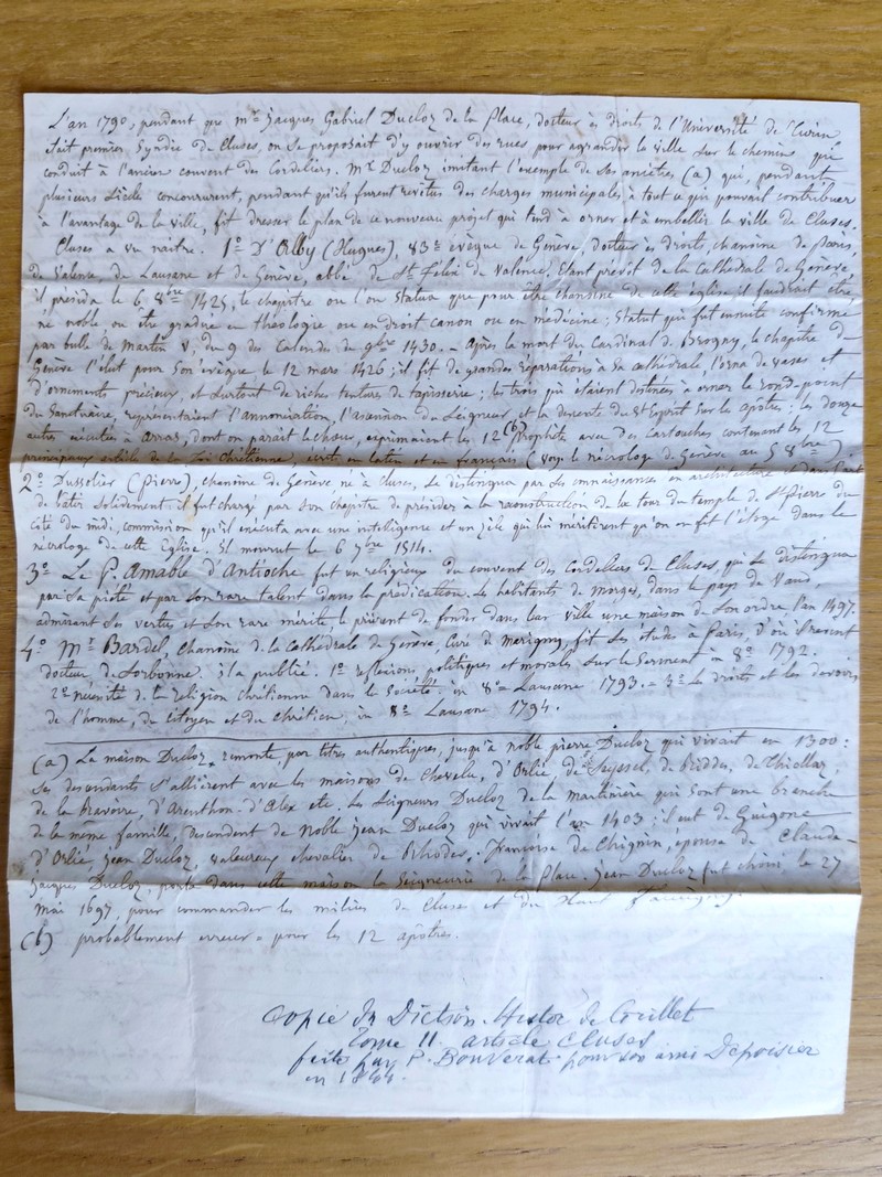 Souvenirs historiques de la ville de Cluses au profit des enfants des ouvriers horlogers incendiés. Auquel sont jointes deux pièces manuscrites dont « Les clusiens incendiés » adressé à S. M. Le Roi de Sardaigne