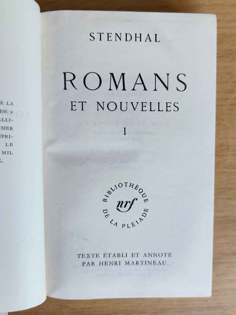 Romans et Nouvelles, Tome I Armance - Le rouge et le noir - Lucien Leuwen