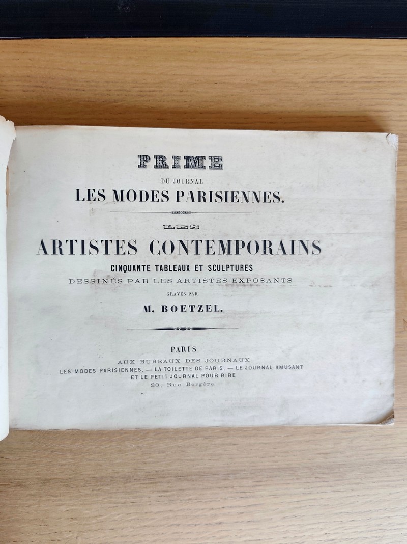Prime du journal Les Modes Parisiennes. Les artistes contemporains, cinquante tableaux & sculptures dessinés par les artistes exposants, gravés par Boetzel