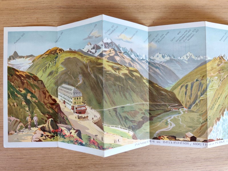 Publicité dépliante « Gletsch, hôtel du Rhône, valais, Suisse. Jos. Seiler propriétaire, Hôtel pension Belvédère, route de Furka »