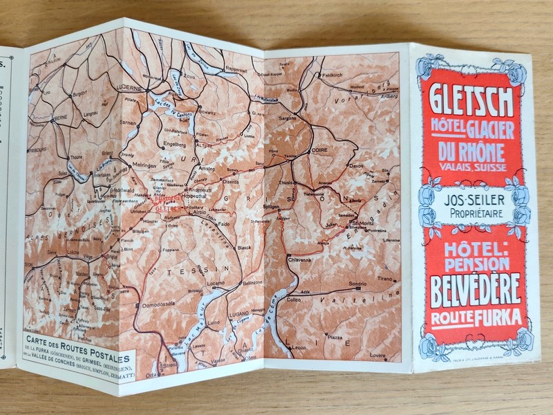 Publicité dépliante « Gletsch, hôtel du Rhône, valais, Suisse. Jos. Seiler propriétaire, Hôtel pension Belvédère, route de Furka »