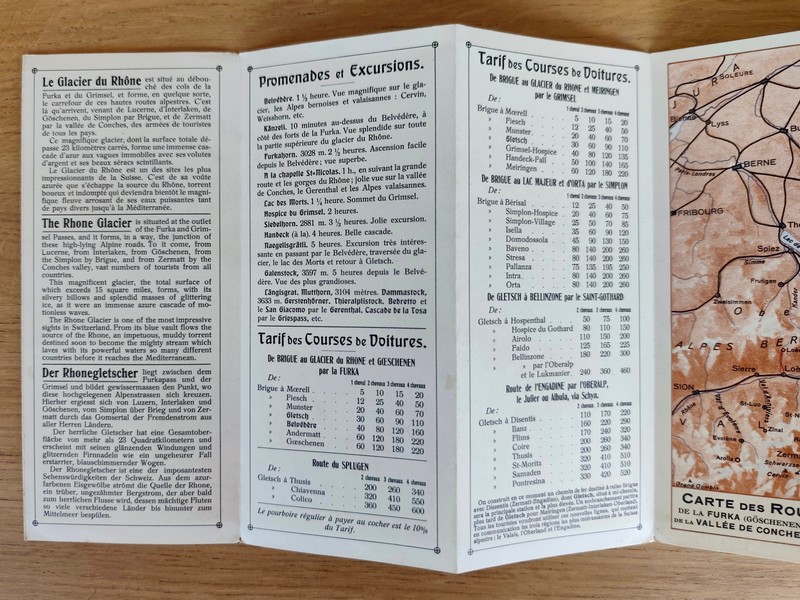 Publicité dépliante « Gletsch, hôtel du Rhône, valais, Suisse. Jos. Seiler propriétaire, Hôtel pension Belvédère, route de Furka »