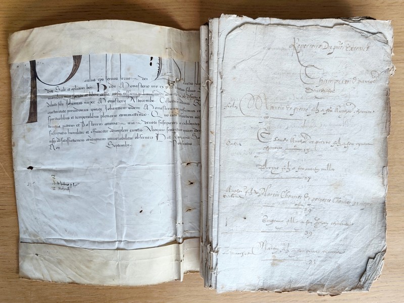 (Terrier) Extrait des recognoissances du Seigneur de Fontany lieu la paroisse d'Anclaffort, 1560 - Protégé par un parchemin comme remploi d'un acte pontifical de nomination de Jean des Chênes par Paul II daté de Rome, près de Saint-Pierre, le 8 septembre 1470 à l'abbaye de Saint-Pons (Nice) en lieu de ses fonctions d'Abbé commendataire à l'Abbaye de Hautecombe (Savoie)