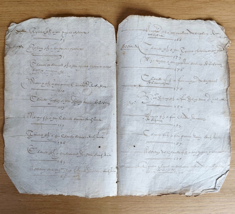 (Terrier) Extrait des recognoissances du Seigneur de Fontany lieu la paroisse d'Anclaffort, 1560 - Protégé par un parchemin comme remploi d'un acte pontifical de nomination de Jean des Chênes par Paul II daté de Rome, près de Saint-Pierre, le 8 septembre 1470 à l'abbaye de Saint-Pons (Nice) en lieu de ses fonctions d'Abbé commendataire à l'Abbaye de Hautecombe (Savoie)