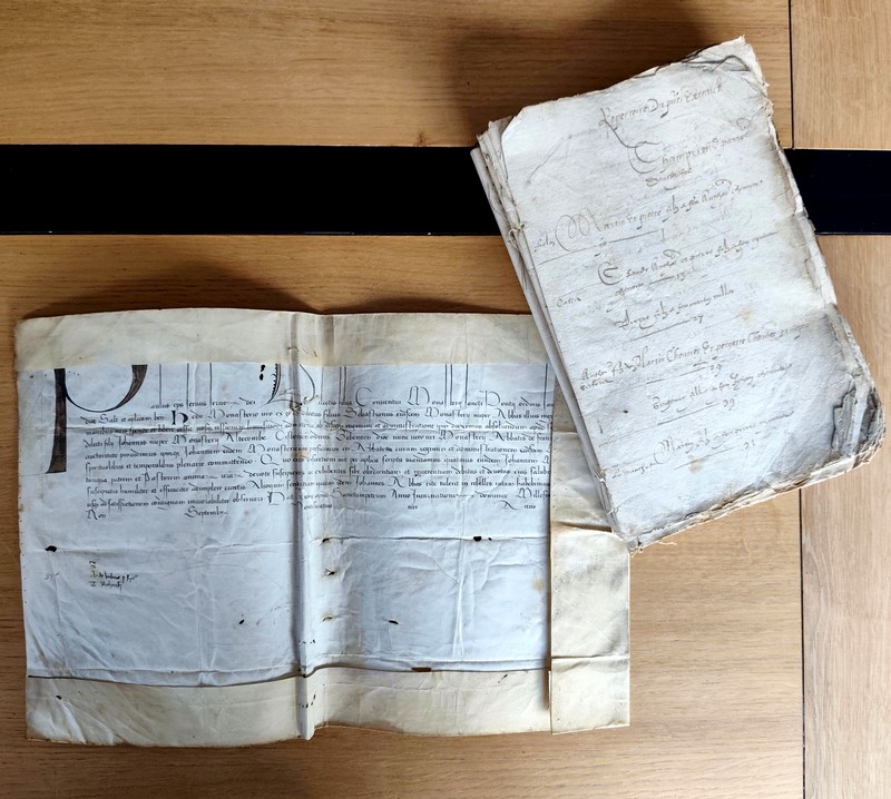 (Terrier) Extrait des recognoissances du Seigneur de Fontany lieu la paroisse d'Anclaffort, 1560 - Protégé par un parchemin comme remploi d'un acte pontifical de nomination de Jean des Chênes par Paul II daté de Rome, près de Saint-Pierre, le 8 septembre 1470 à l'abbaye de Saint-Pons (Nice) en lieu de ses fonctions d'Abbé commendataire à l'Abbaye de Hautecombe (Savoie)