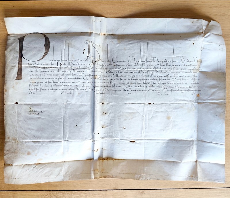 (Terrier) Extrait des recognoissances du Seigneur de Fontany lieu la paroisse d'Anclaffort, 1560 - Protégé par un parchemin comme remploi d'un acte pontifical de nomination de Jean des Chênes par Paul II daté de Rome, près de Saint-Pierre, le 8 septembre 1470 à l'abbaye de Saint-Pons (Nice) en lieu de ses fonctions d'Abbé commendataire à l'Abbaye de Hautecombe (Savoie)