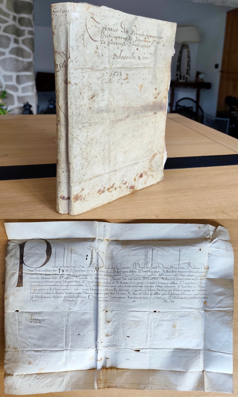 (Terrier) Extrait des recognoissances du Seigneur de Fontany lieu la paroisse d'Anclaffort, 1560 - Protégé par un parchemin comme remploi d'un acte...
