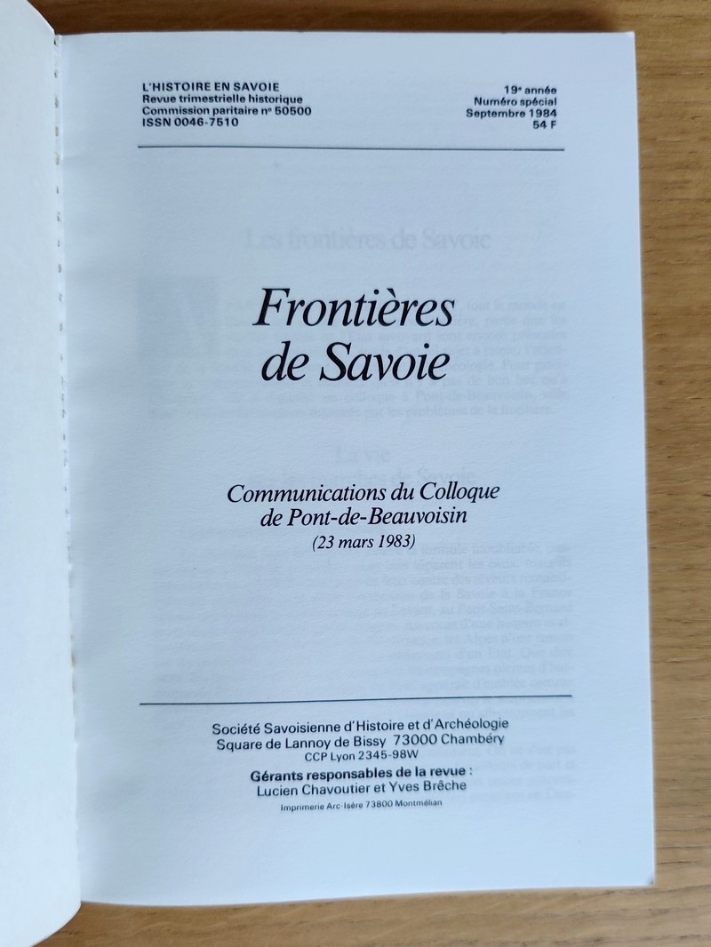 Frontières de Savoie. Colloque de Pont de Beauvoisin, mars 1983