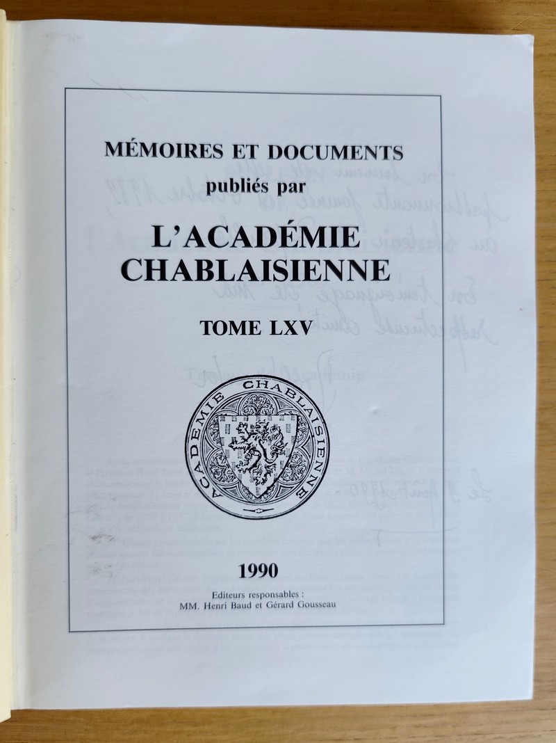 Mémoires et documents publiés par l'académie chablaisienne, Tome LXV, 1990