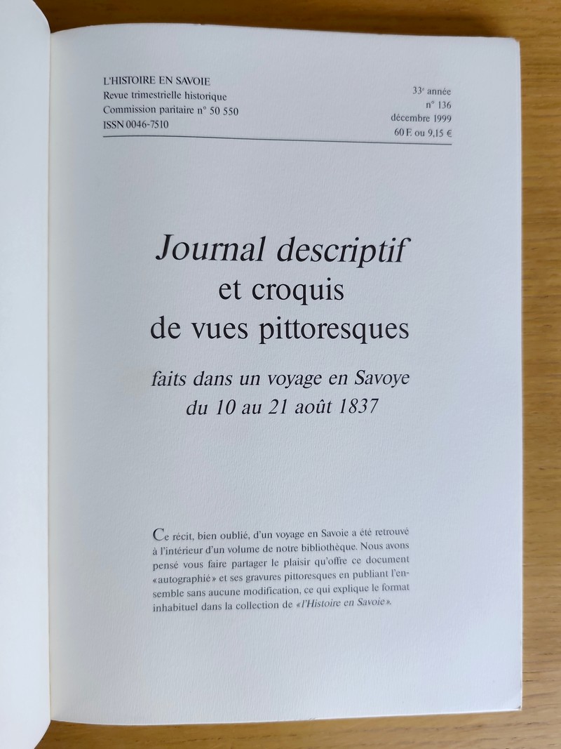 Journal descriptif et croquis de vues pittoresques faits dans un voyage en Savoye du 10 au 21 août 1837