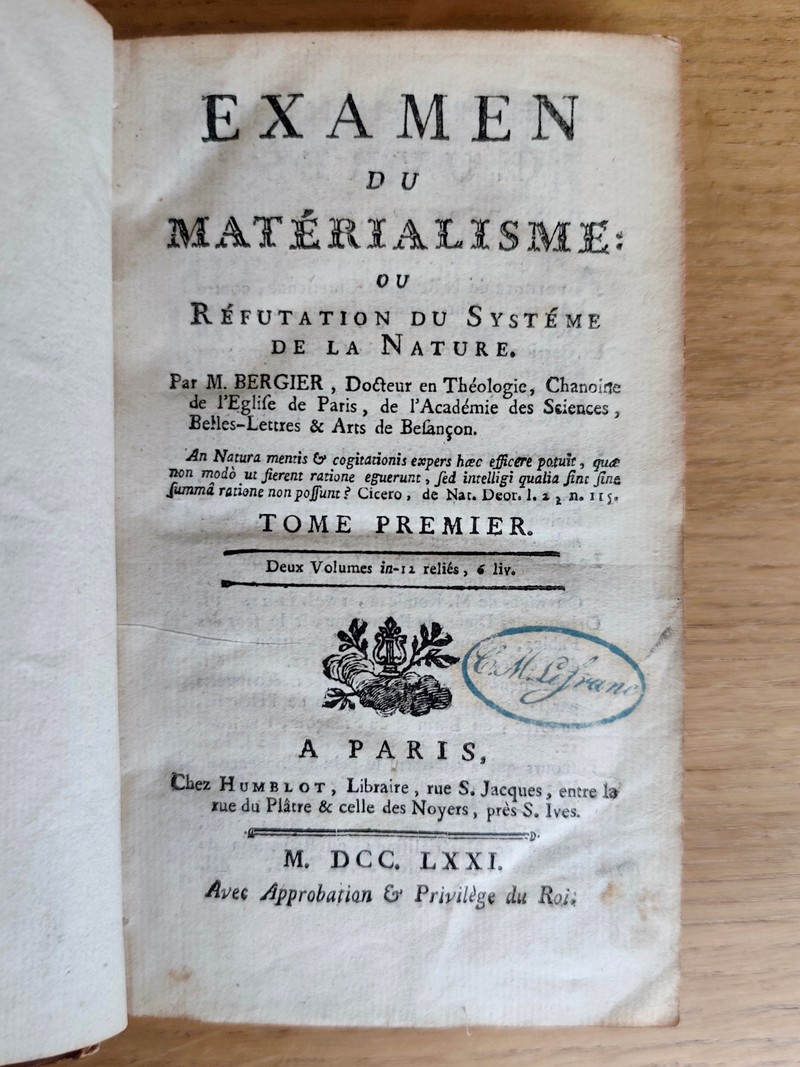 Examen du matérialisme ou réfutation du système de la Nature (2 volumes)