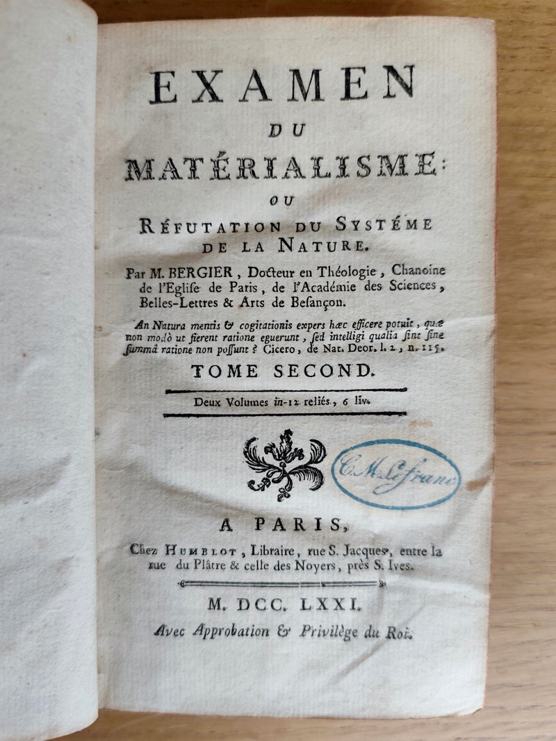 Examen du matérialisme ou réfutation du système de la Nature (2 volumes)