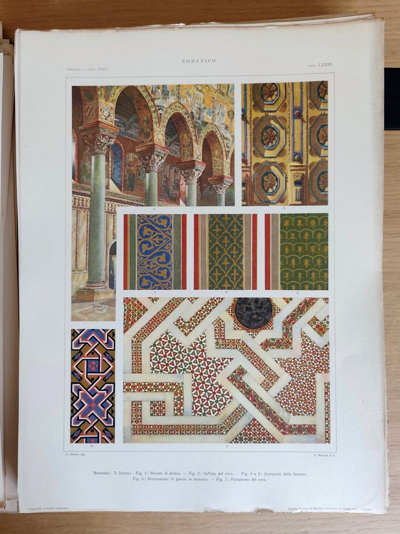 Gli stili nella forma e nel colore. Rassegna dell'arte antica e moderna di tutti i paesi (4 volumes en 1, 186 planches). I: Egiziano, caldeo, assiro, fenicio, egeo, greco, etrusco, romano, estremo oriente. II: Cristiano primitivo, bizantino, arabo. III: Romanico e gotico in Italiana. IV: Il rinascimento in Italia: il quattrocento
