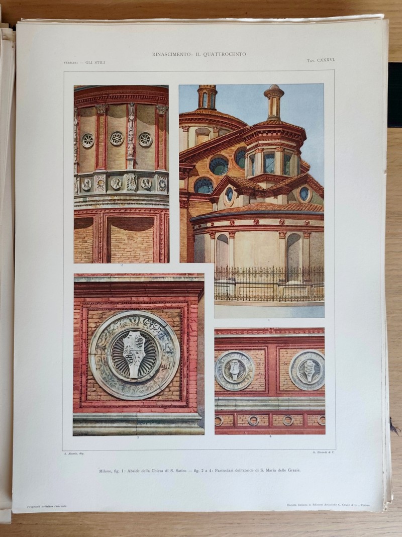 Gli stili nella forma e nel colore. Rassegna dell'arte antica e moderna di tutti i paesi (4 volumes en 1, 186 planches). I: Egiziano, caldeo, assiro, fenicio, egeo, greco, etrusco, romano, estremo oriente. II: Cristiano primitivo, bizantino, arabo. III: Romanico e gotico in Italiana. IV: Il rinascimento in Italia: il quattrocento